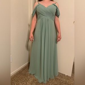 Light green bridesmaid dress. Off the shoulder with corset back.